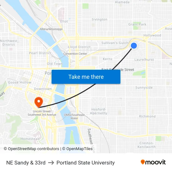 NE Sandy & 33rd to Portland State University map