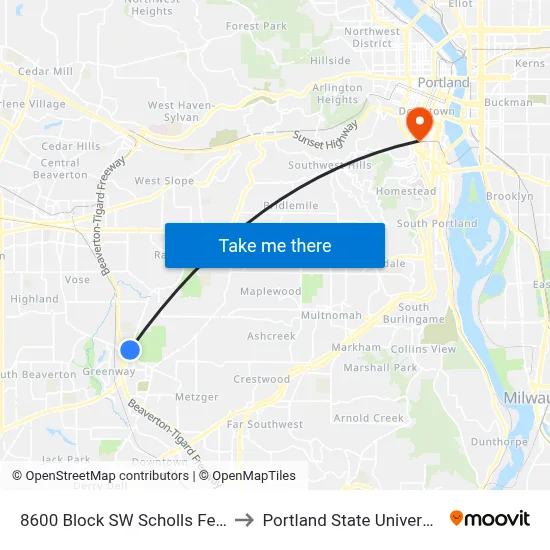 8600 Block SW Scholls Ferry to Portland State University map