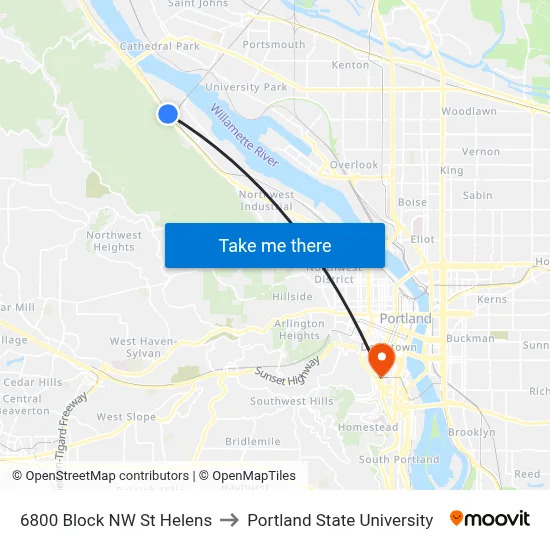 6800 Block NW St Helens to Portland State University map
