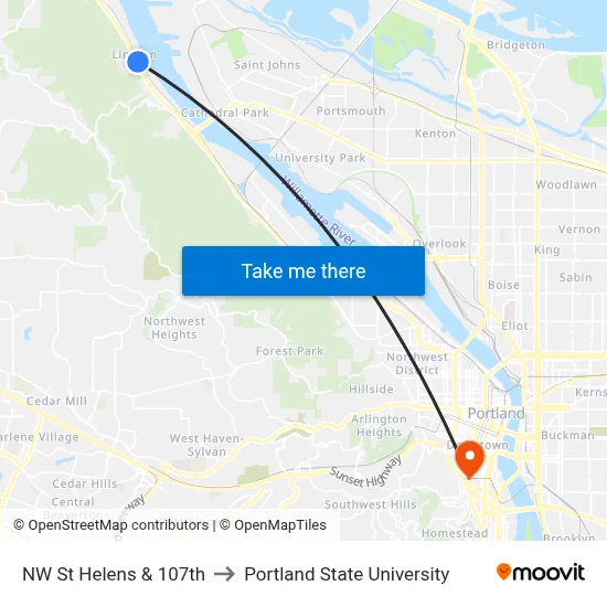 NW St Helens & 107th to Portland State University map