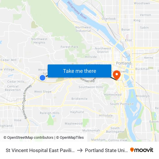 St Vincent Hospital East Pavilion (West) to Portland State University map