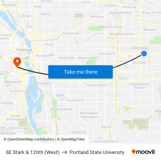 SE Stark & 126th (West) to Portland State University map