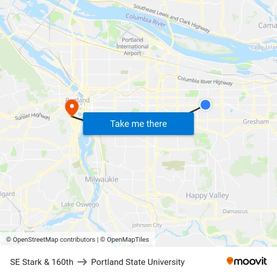 SE Stark & 160th to Portland State University map