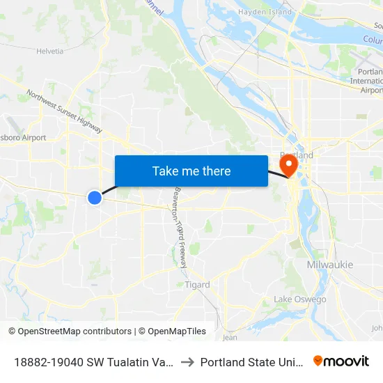 18882-19040 SW Tualatin Valley Hwy to Portland State University map