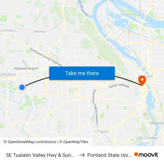 SE Tualatin Valley Hwy & Sunset Esplnd to Portland State University map