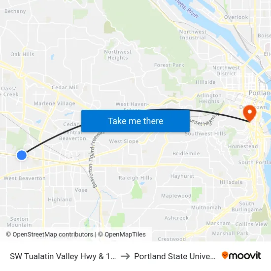 SW Tualatin Valley Hwy & 160th to Portland State University map