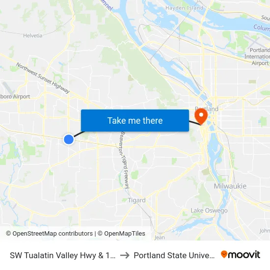 SW Tualatin Valley Hwy & 185th to Portland State University map