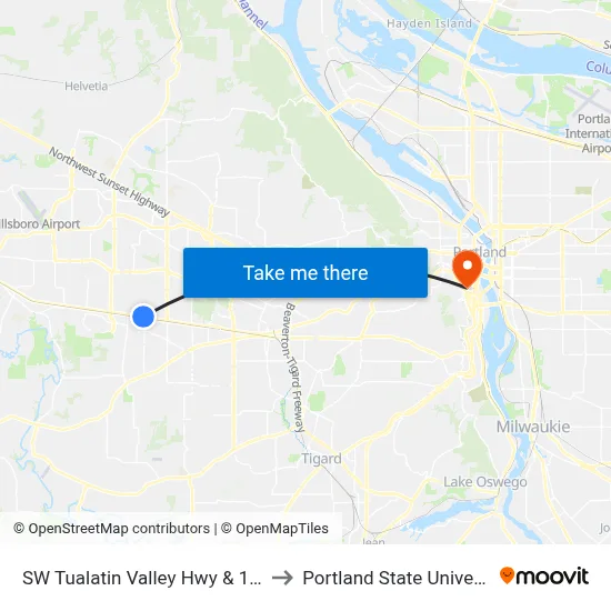 SW Tualatin Valley Hwy & 198th to Portland State University map