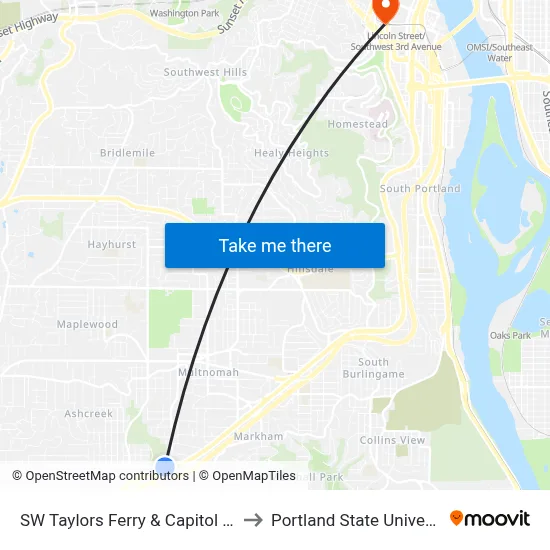 SW Taylors Ferry & Capitol Hwy to Portland State University map