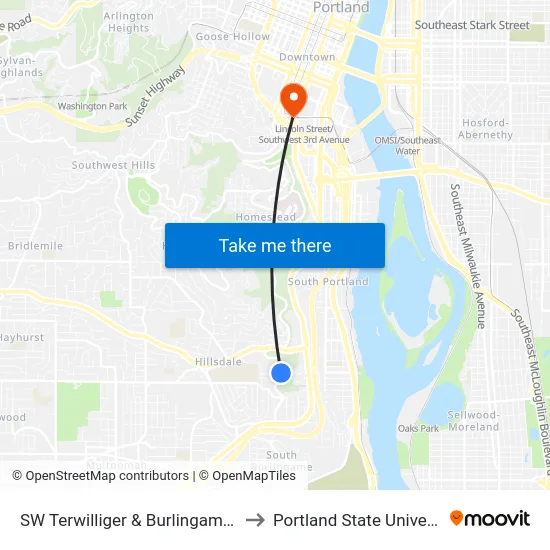 SW Terwilliger & Burlingame Ter to Portland State University map