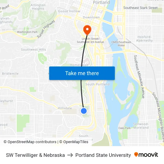 SW Terwilliger & Nebraska to Portland State University map