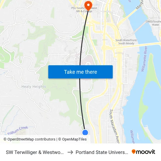 SW Terwilliger & Westwood to Portland State University map