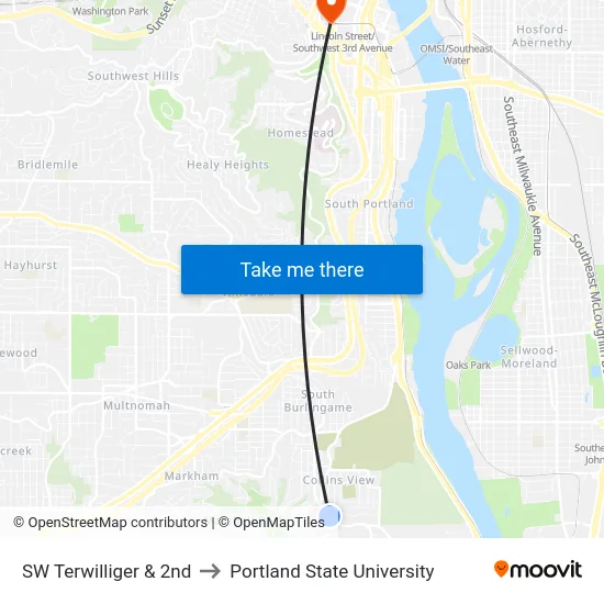 SW Terwilliger & 2nd to Portland State University map