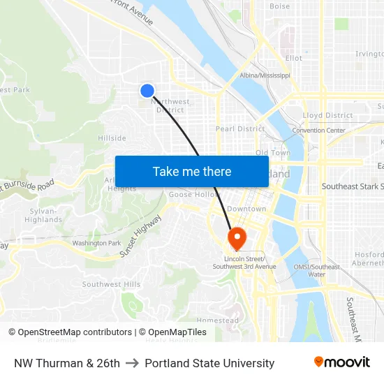 NW Thurman & 26th to Portland State University map