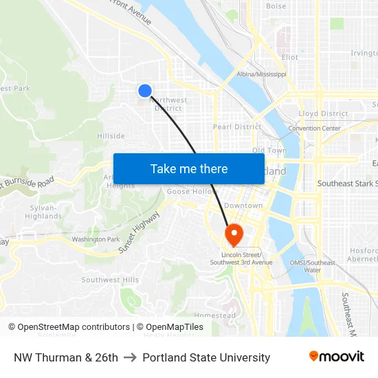 NW Thurman & 26th to Portland State University map