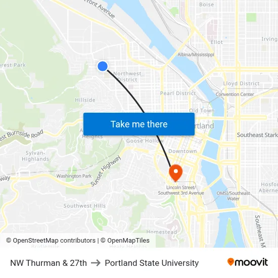 NW Thurman & 27th to Portland State University map