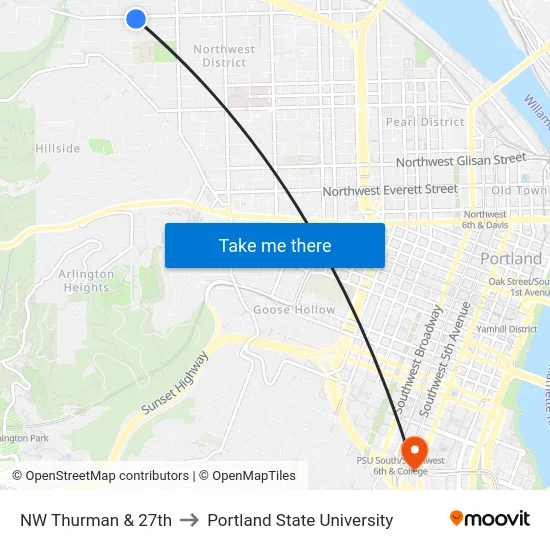 NW Thurman & 27th to Portland State University map