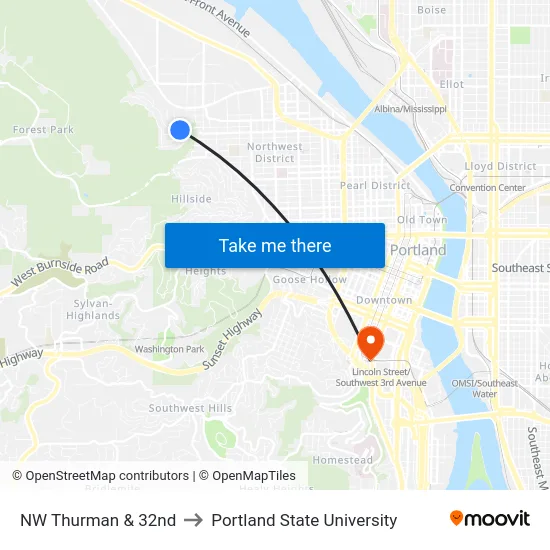 NW Thurman & 32nd to Portland State University map
