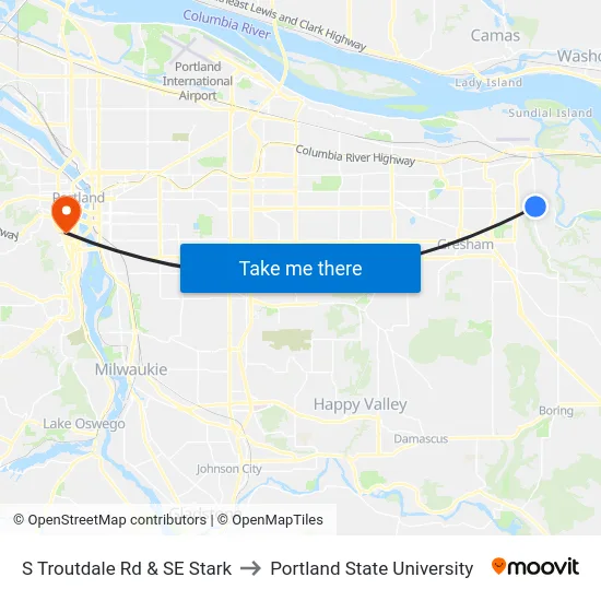 S Troutdale Rd & SE Stark to Portland State University map