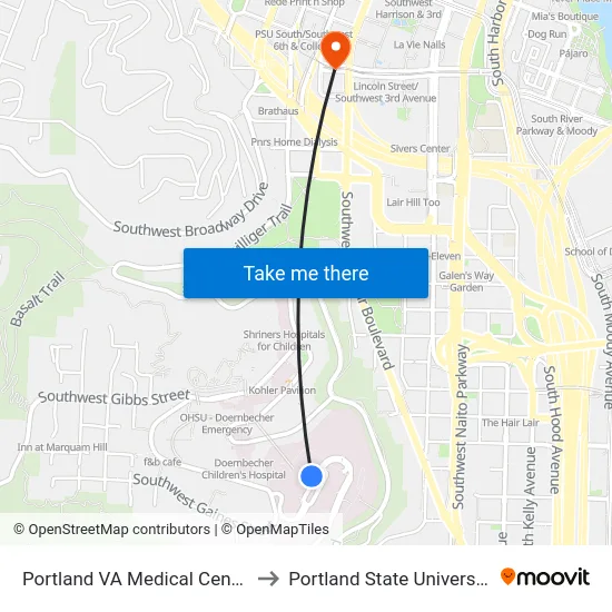 Portland VA Medical Center to Portland State University map