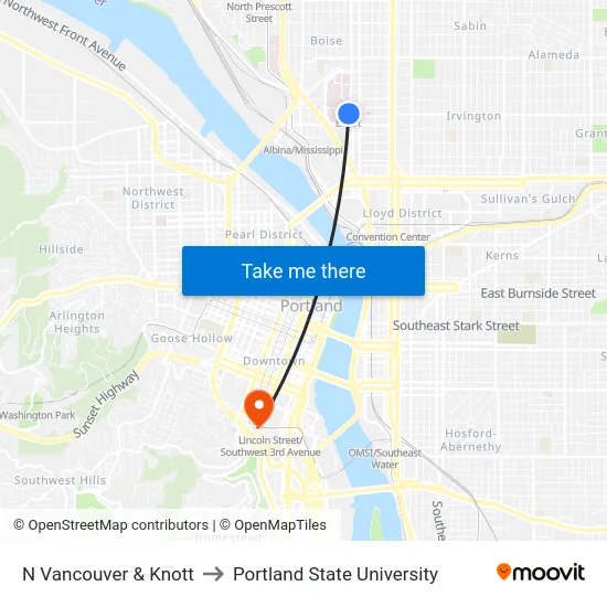 N Vancouver & Knott to Portland State University map