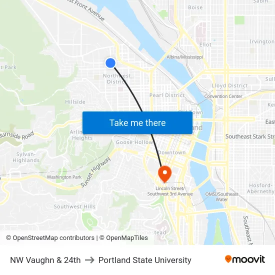 NW Vaughn & 24th to Portland State University map