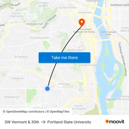 SW Vermont & 30th to Portland State University map