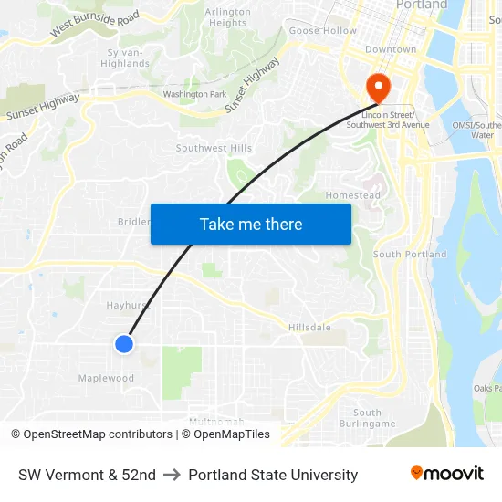 SW Vermont & 52nd to Portland State University map