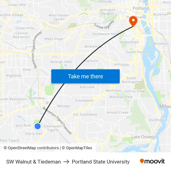SW Walnut & Tiedeman to Portland State University map