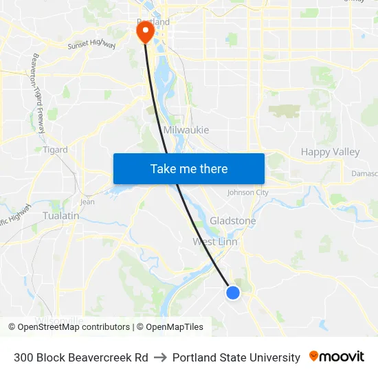 300 Block Beavercreek Rd to Portland State University map