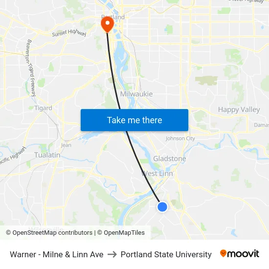 Warner - Milne & Linn Ave to Portland State University map