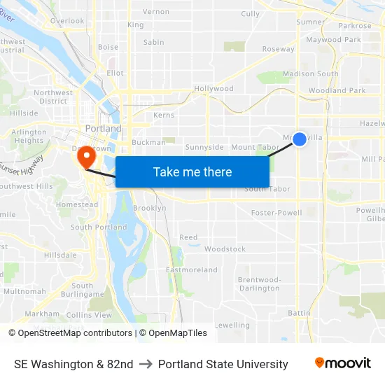SE Washington & 82nd to Portland State University map