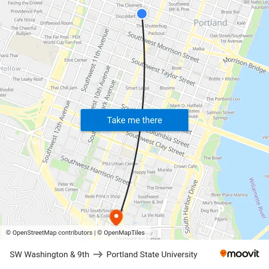 SW Washington & 9th to Portland State University map