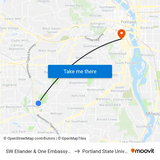 SW Eliander & One Embassy Centre to Portland State University map