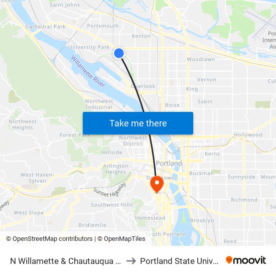 N Willamette & Chautauqua (East) to Portland State University map