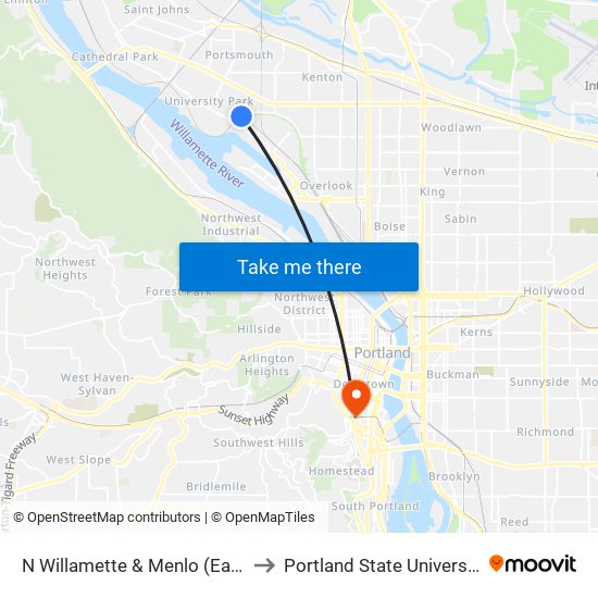 N Willamette & Menlo (East) to Portland State University map