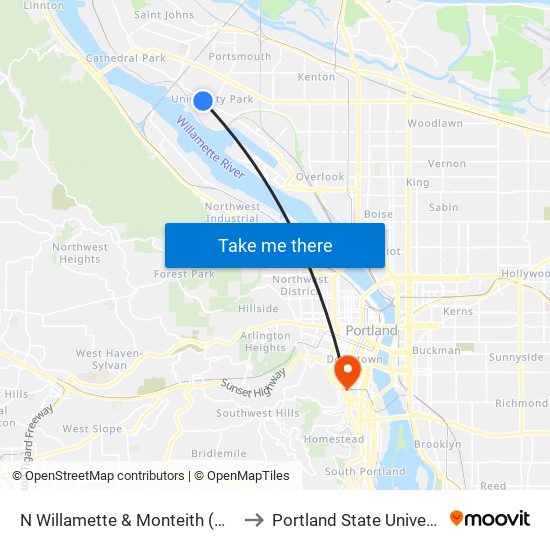 N Willamette & Monteith (West) to Portland State University map