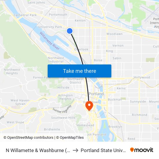 N Willamette & Washburne (West) to Portland State University map