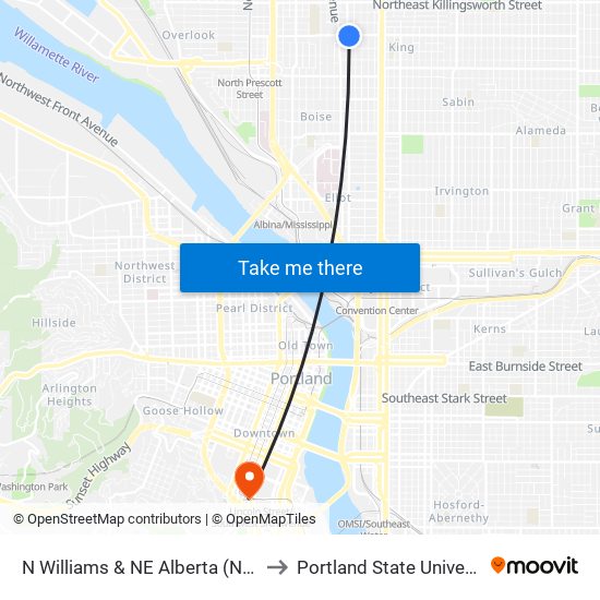 N Williams & NE Alberta (North) to Portland State University map