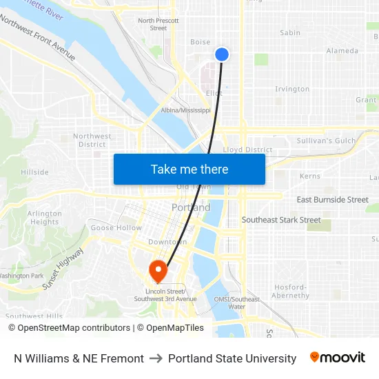 N Williams & NE Fremont to Portland State University map