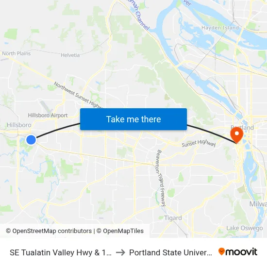 SE Tualatin Valley Hwy & 11th to Portland State University map