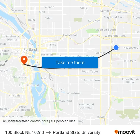 100 Block NE 102nd to Portland State University map