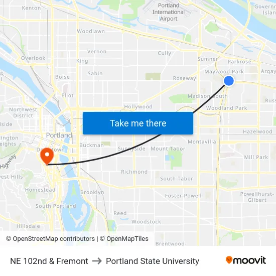 NE 102nd & Fremont to Portland State University map