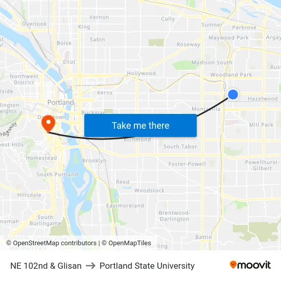 NE 102nd & Glisan to Portland State University map