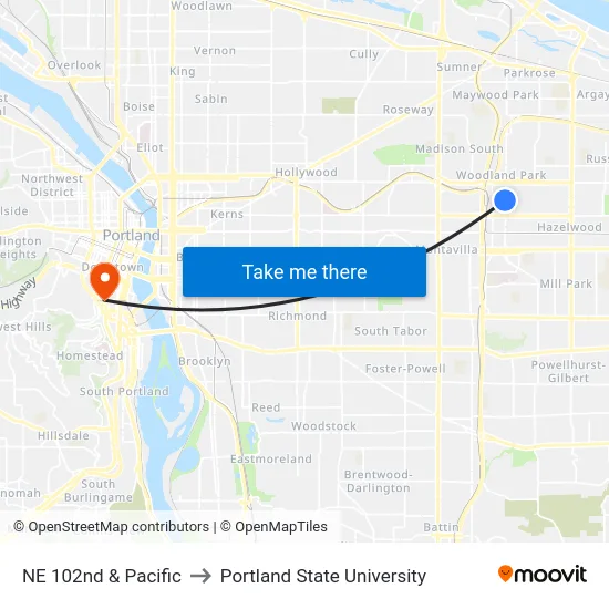 NE 102nd & Pacific to Portland State University map