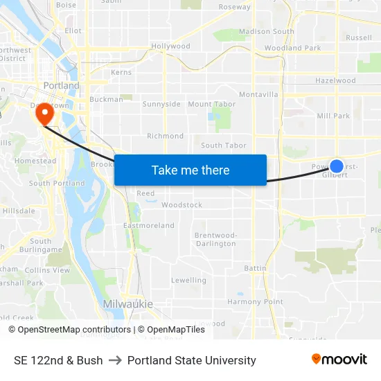 SE 122nd & Bush to Portland State University map
