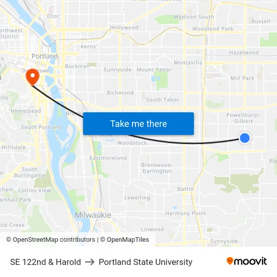 SE 122nd & Harold to Portland State University map