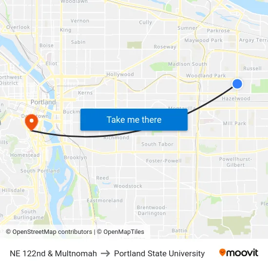 NE 122nd & Multnomah to Portland State University map