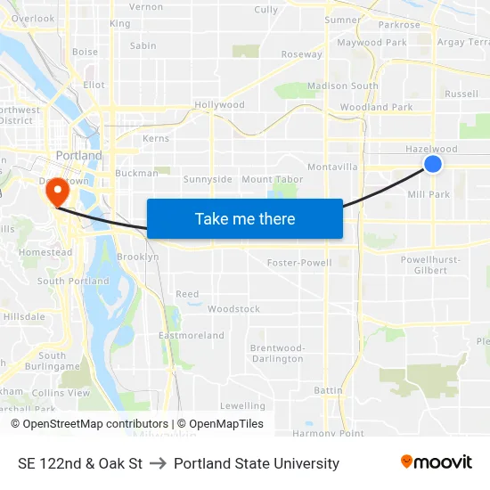 SE 122nd & Oak St to Portland State University map