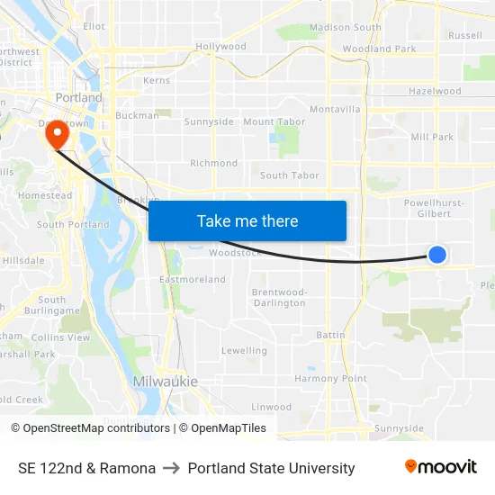 SE 122nd & Ramona to Portland State University map
